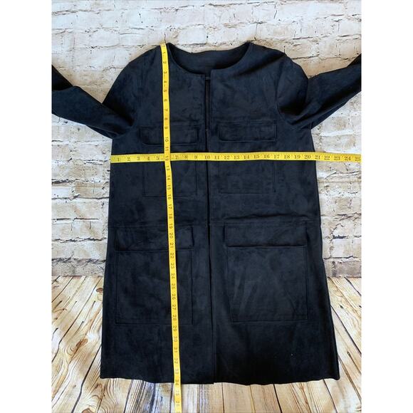 Vegan Suede Stretch Midi Coat Open Black H&M Cardigan Pockets Small Safari - Picture 5 of 8